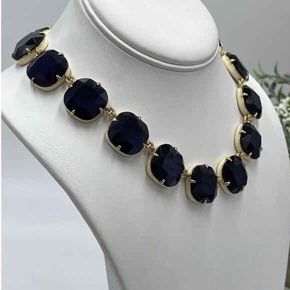 J. Crew Glass Cobalt Crystal and Cream Enamel Sides Square Gold Tone Necklace - Picture 1 of 8